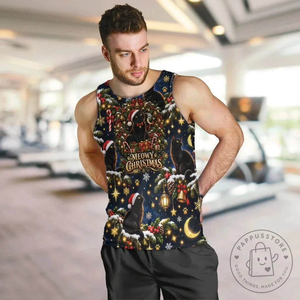 Black Cat Meowy Christmas Festive Night Tree Snow Stars Holiday Pattern Tank Top