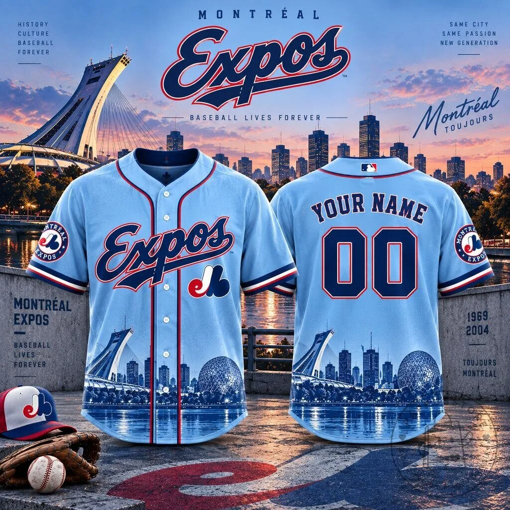 Montreal Expos Baseball Jersey with City Skyline Design and Custom Name Number