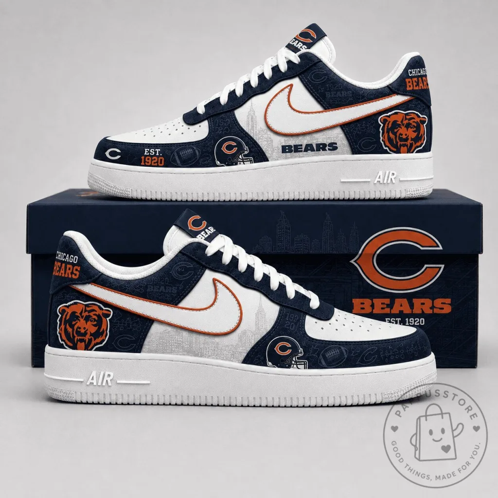 Chicago Bears NFL Team Logo Custom Printed White and Navy Athletic Shoes Chicago Bears NFL Team Logo Custom Printed White and Navy Athletic Shoes