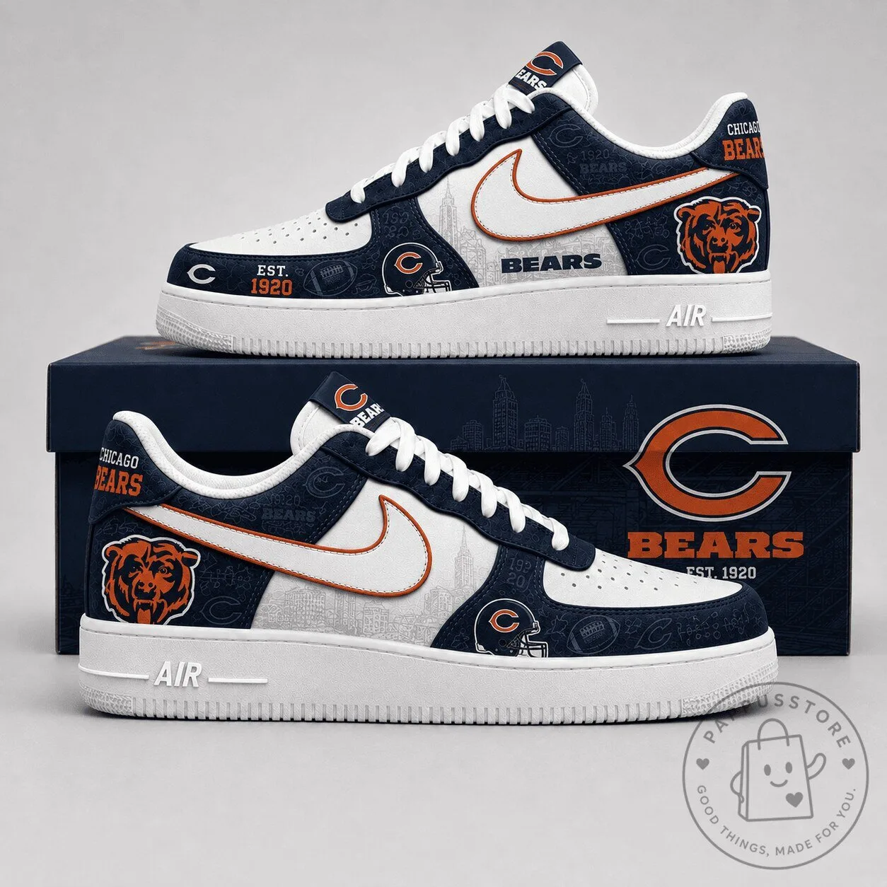 Chicago Bears NFL Team Logo Custom Printed White and Navy Athletic Shoes