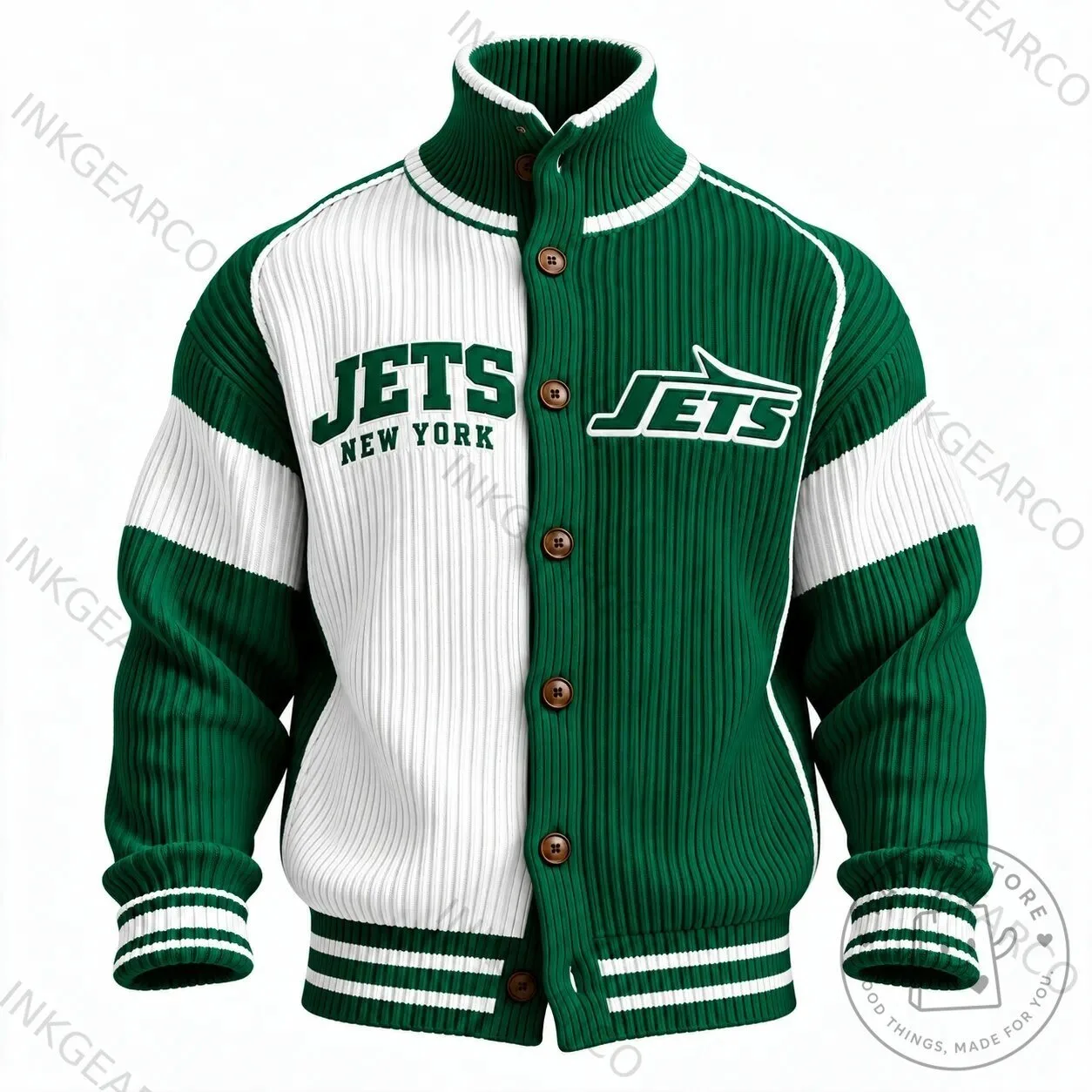 New York Jets Green and White Knit Button Up Varsity Jacket