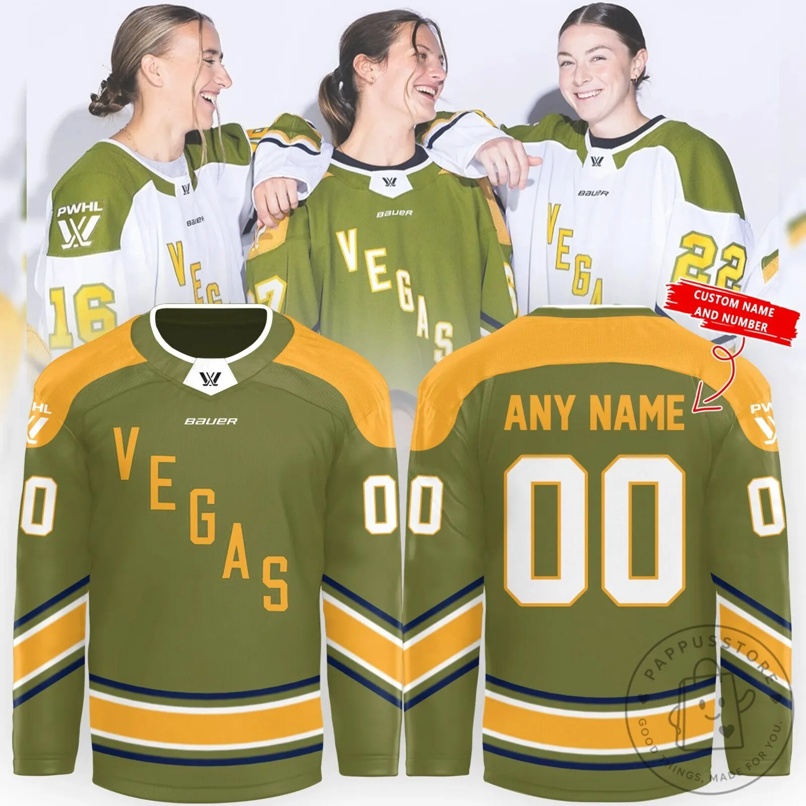 PWHL Las Vegas Personalized Green and Gold Hockey Jersey