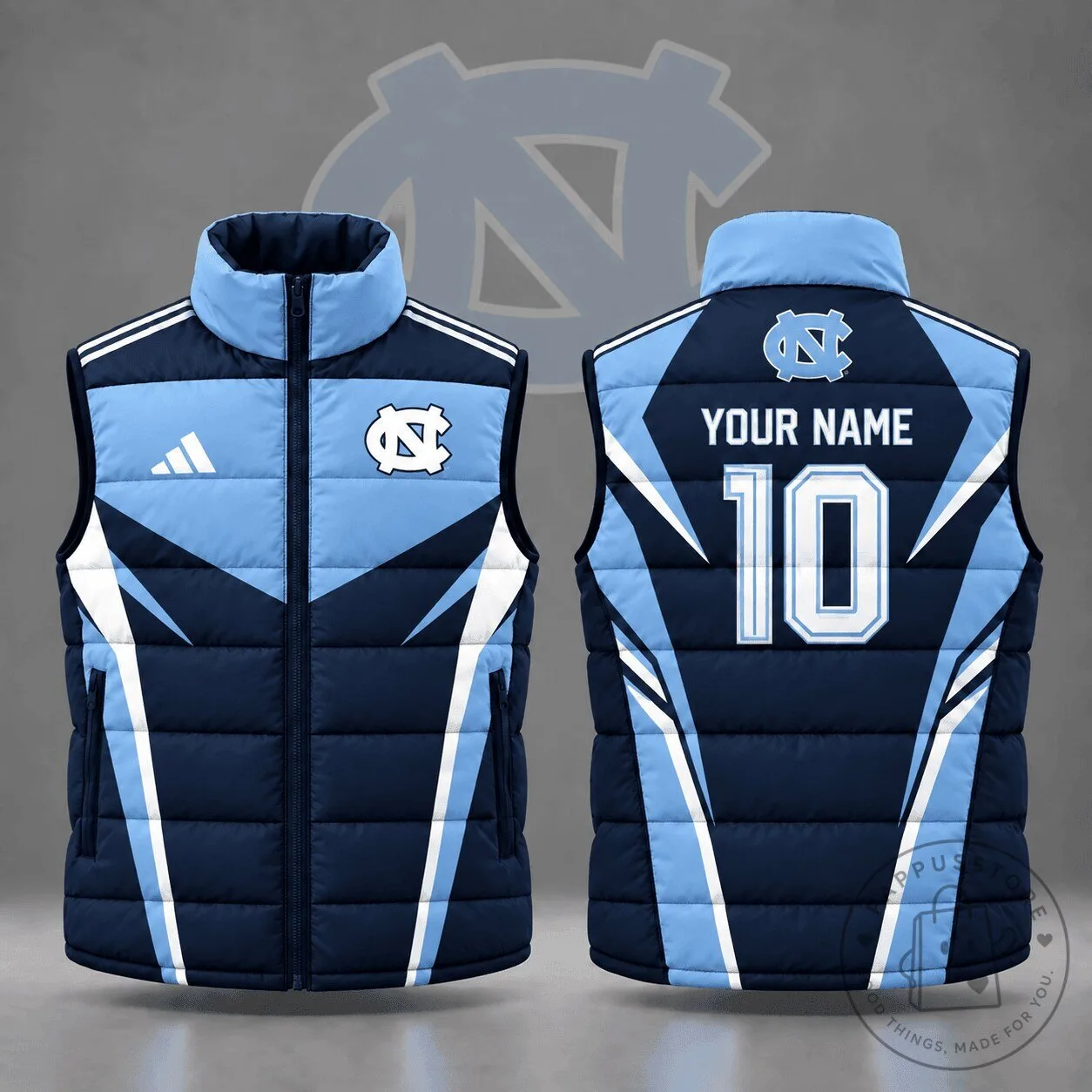 North Carolina Tar Heels Custom Name Number Geometric Colorblock Puffer Vest