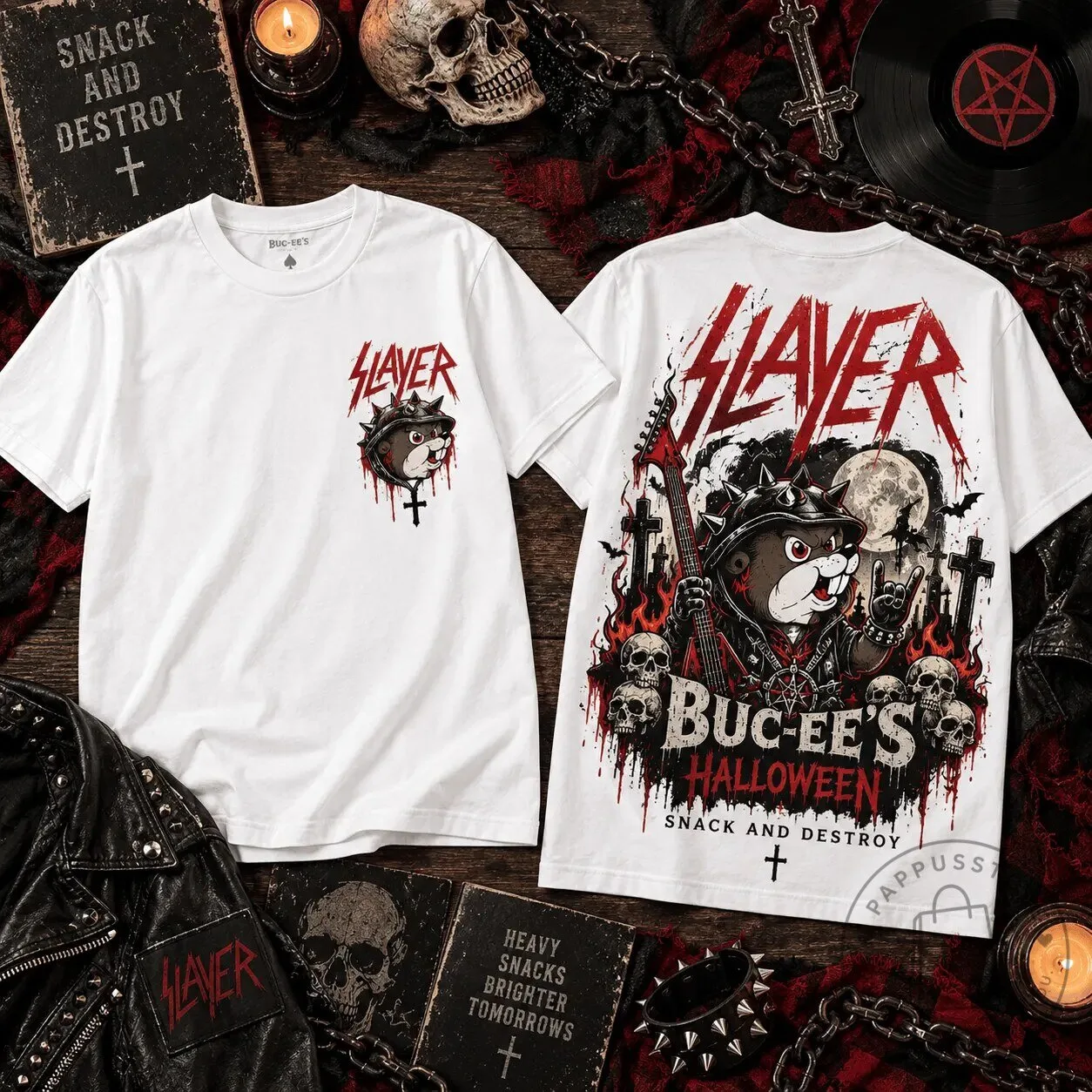 Slayer Buc-ee's Halloween Rock and Roll Guitar Skull Graphic T-Shirt