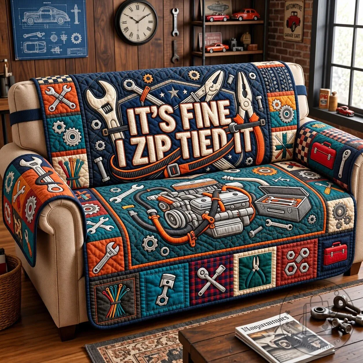 It's Fine I Zip Tied It Automotive Garage Tools Quilted Sofa Cover