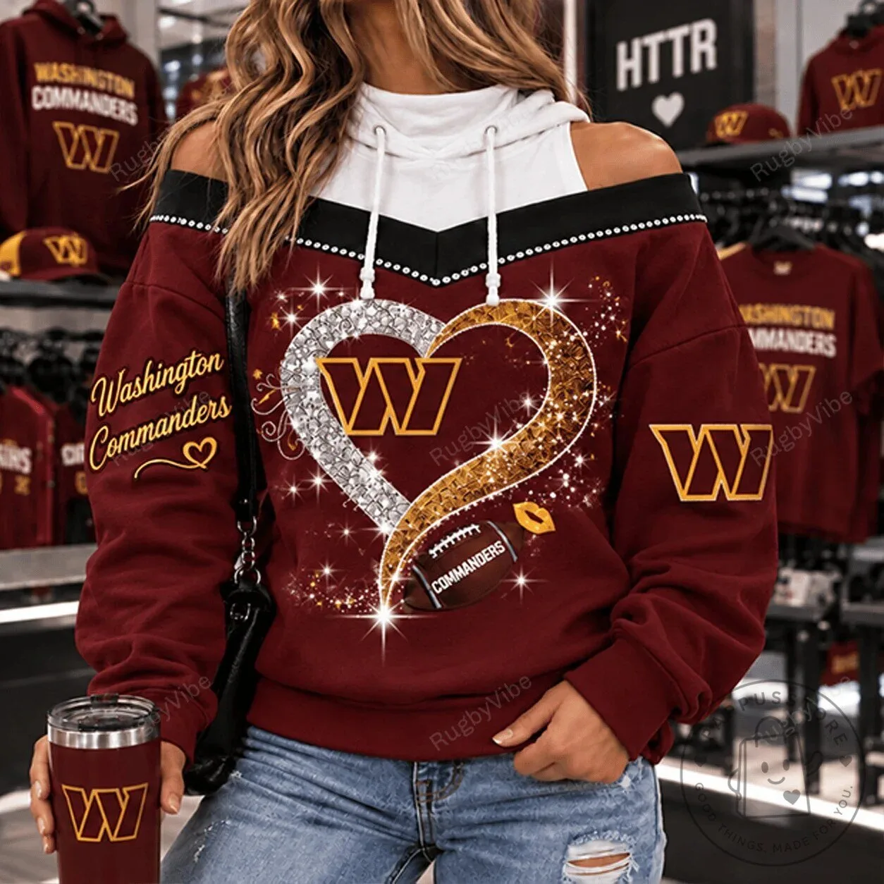 Washington Commanders Football Team Glitter Heart Design Off Shoulder Hoodie 1 Washington Commanders Football Team Glitter Heart Design Off Shoulder Hoodie