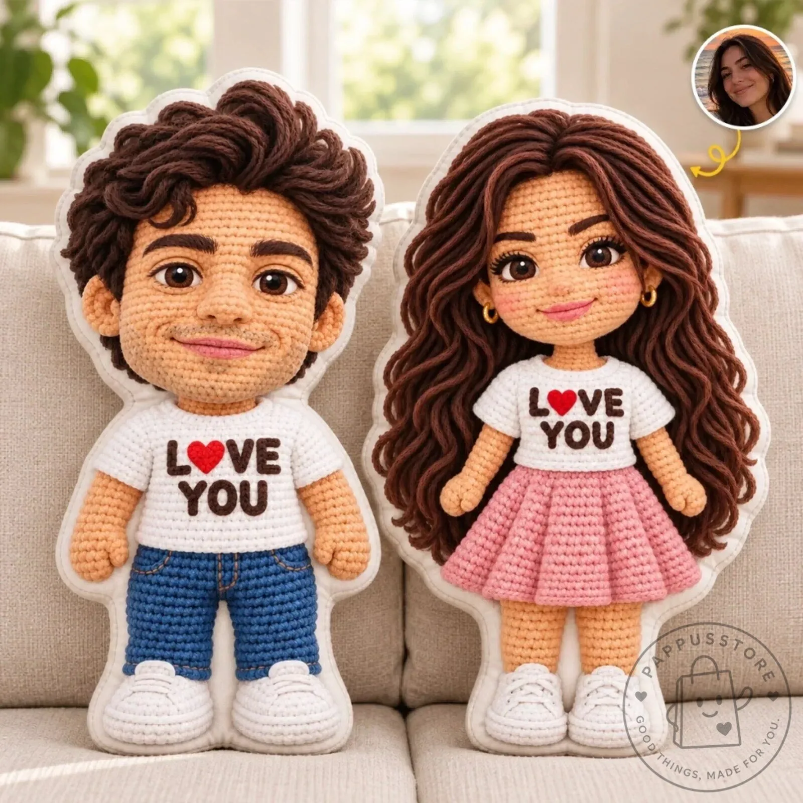 Personalized Crochet Couple Doll Keepsake Pillow, Custom Photo Anniversary Gift