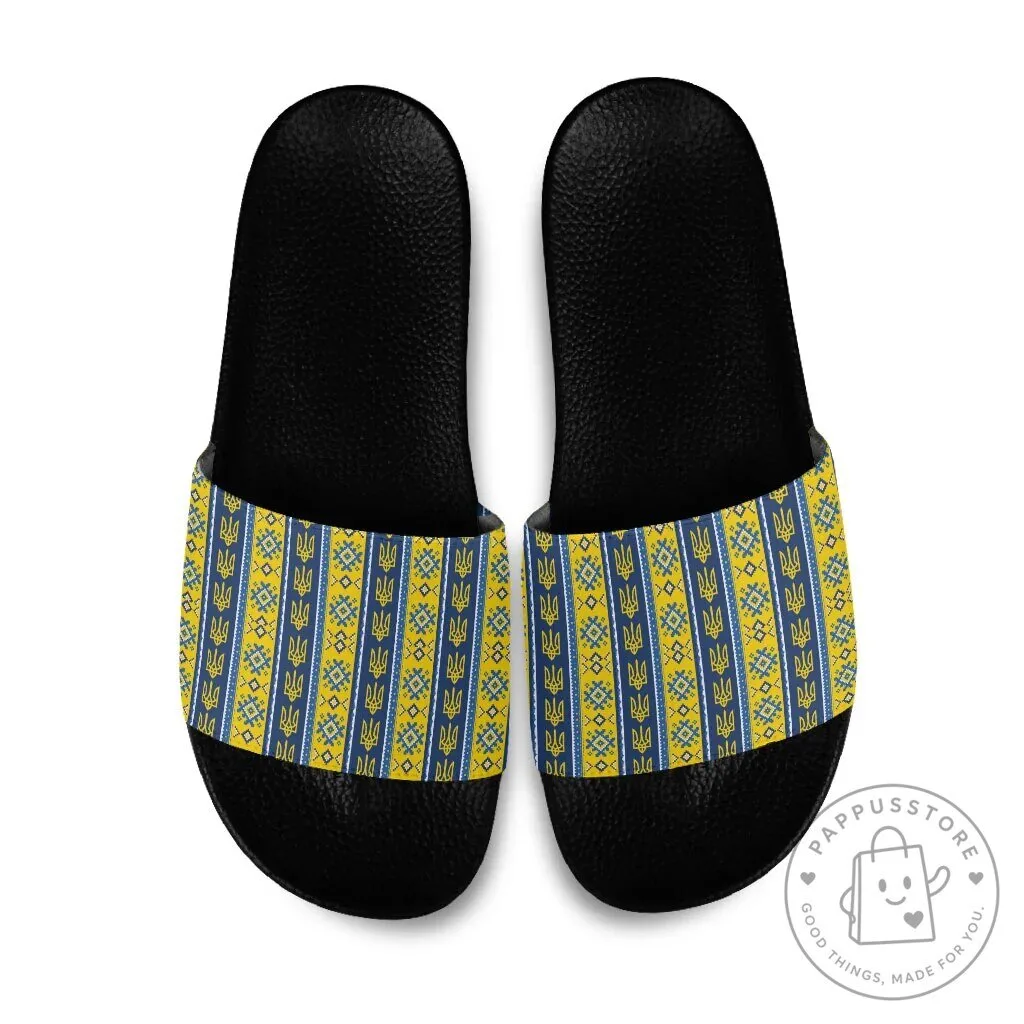 Ukrainian Trident Pattern Slide Sandals, Ukraine Flag Colors Summer Shoes