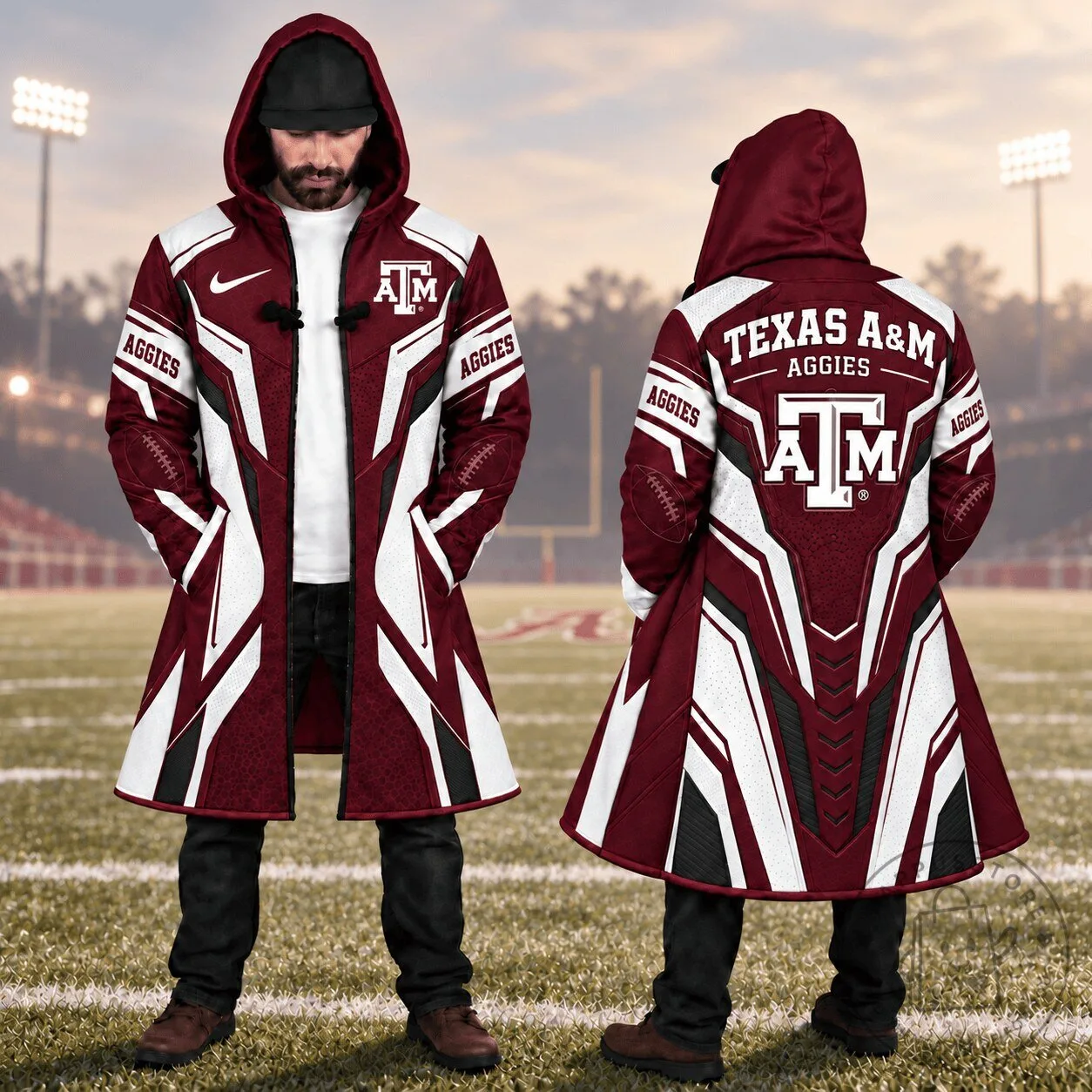 Texas A&M Aggies Football Team Logo Maroon and White Long Cloak Jacket