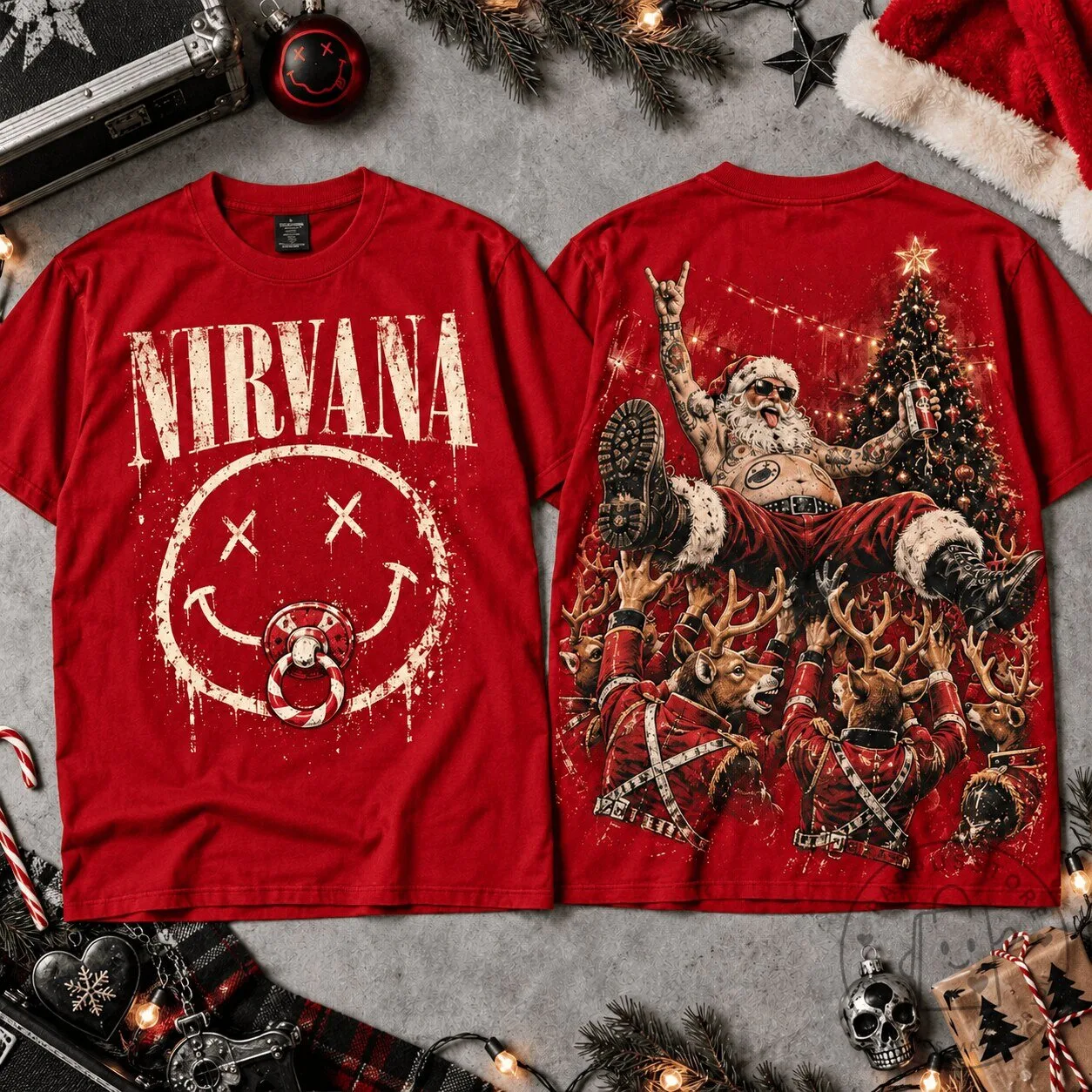 Nirvana Band Christmas Santa Gone Wild Mosh Pit Party Grunge Rock T-Shirt