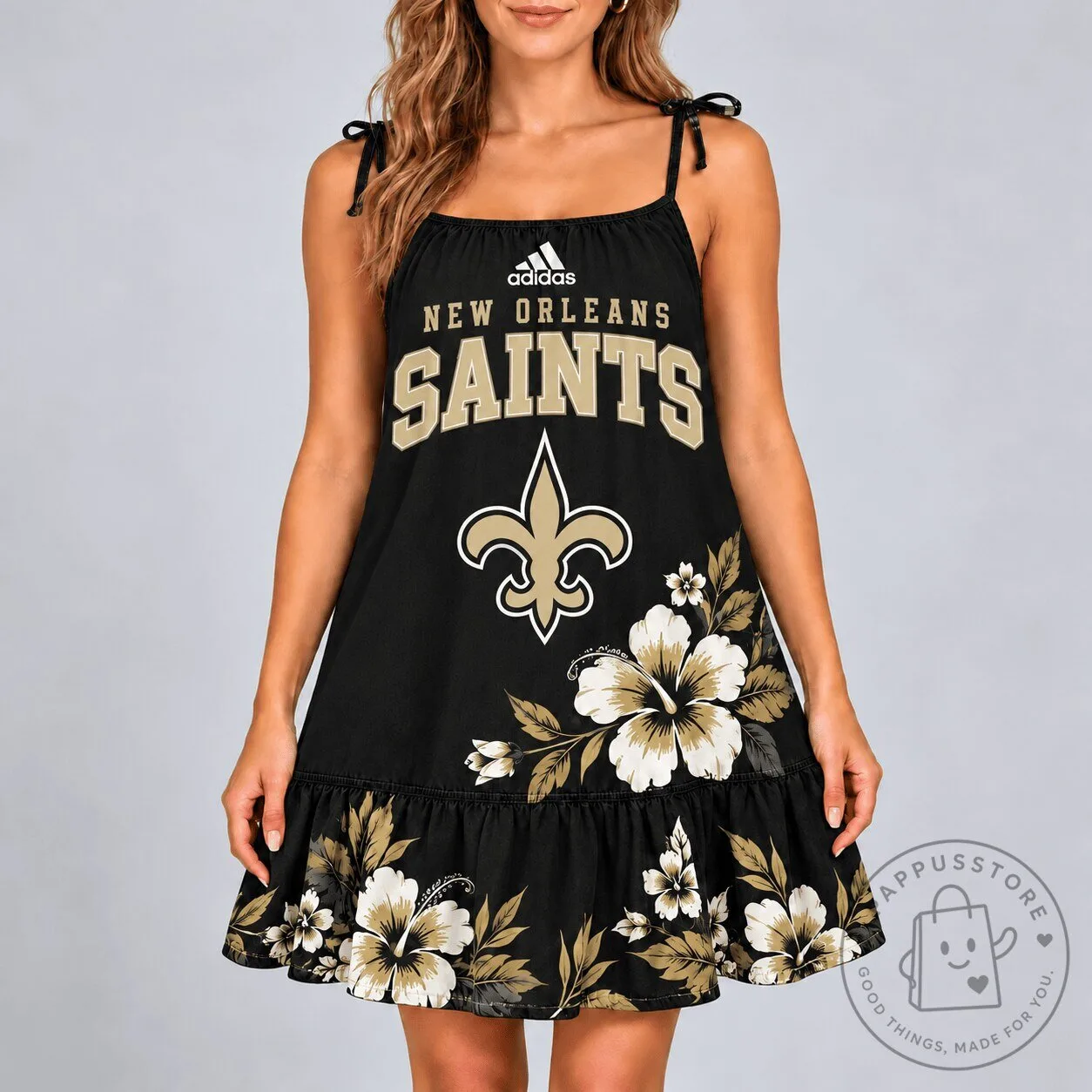 New Orleans Saints Football Team Hibiscus Floral Pattern Ruffle Dress