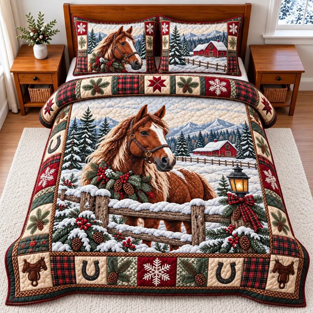 Rustic Horse Winter Wonderland Quilted Bedding Set with Pillow Shams