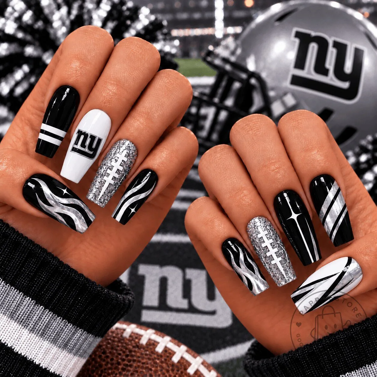New York Giants Black Silver Chrome Game Day Press-On Nails for Football Fans