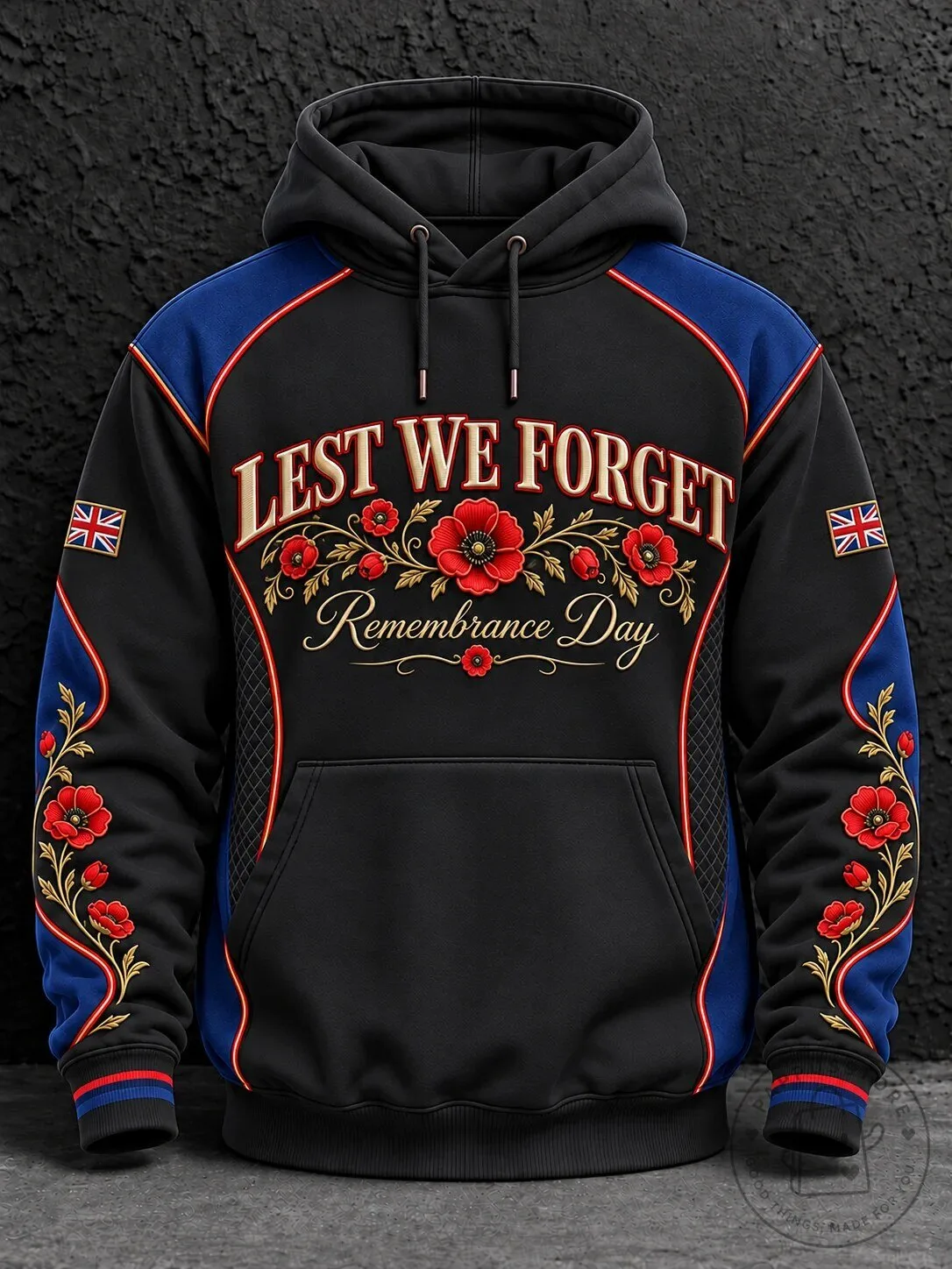 British Flag Hoodie with Poppy Flower for Remembrance Day - Lest We Forget