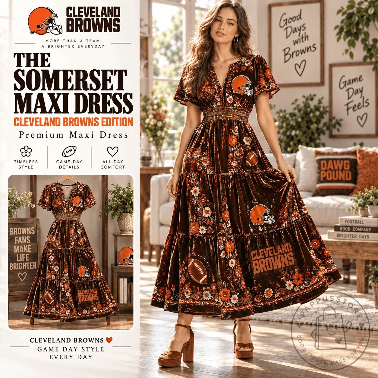 Cleveland Browns Football Team Floral Pattern Velvet Maxi Dress for Women