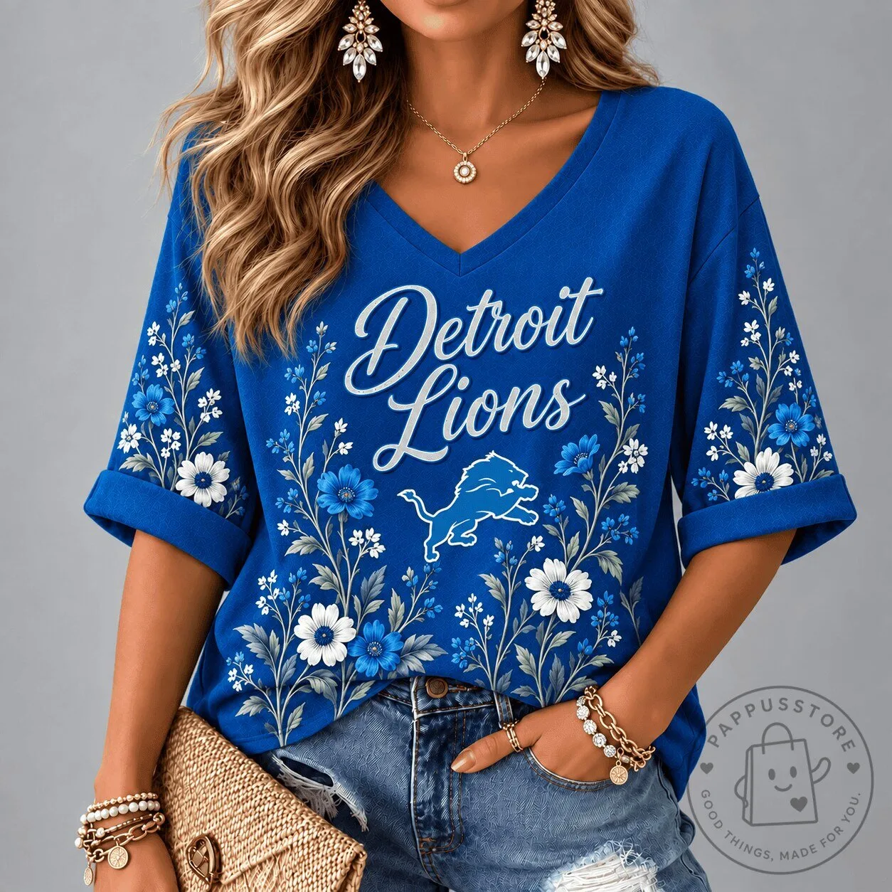 Detroit Lions Floral Garden V-Neck T-Shirt for Women, Premium NFL Football Team Shirt