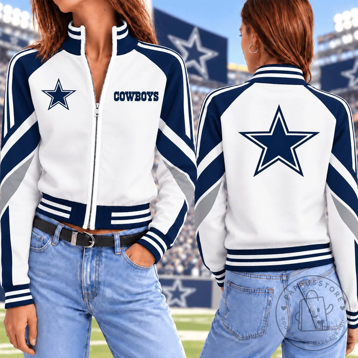 Dallas Cowboys NFL Football Team White and Blue Full-Zip Bomber Jacket for Women