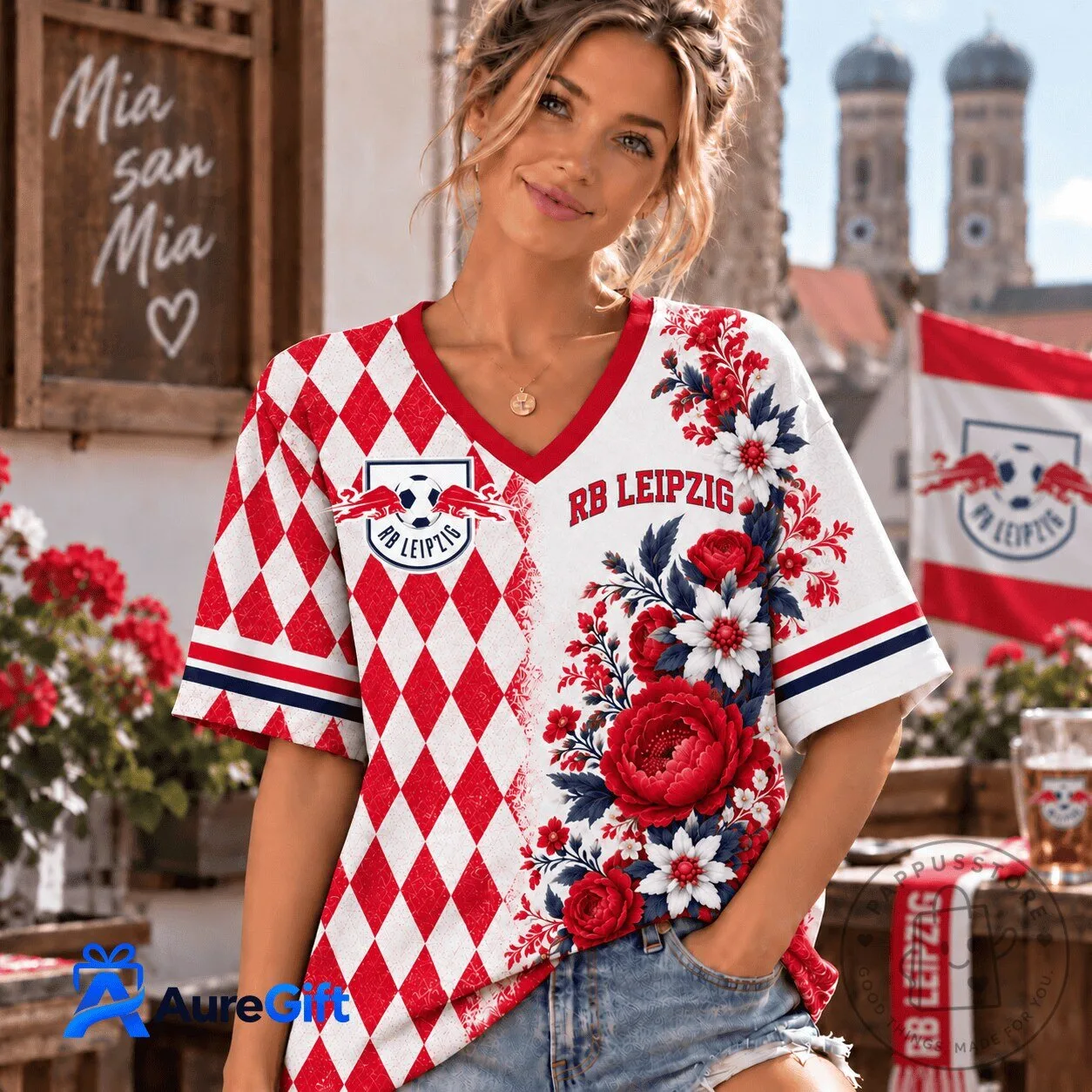 RB Leipzig Bundesliga Matchday Floral Diamond Pattern V-Neck T-Shirt
