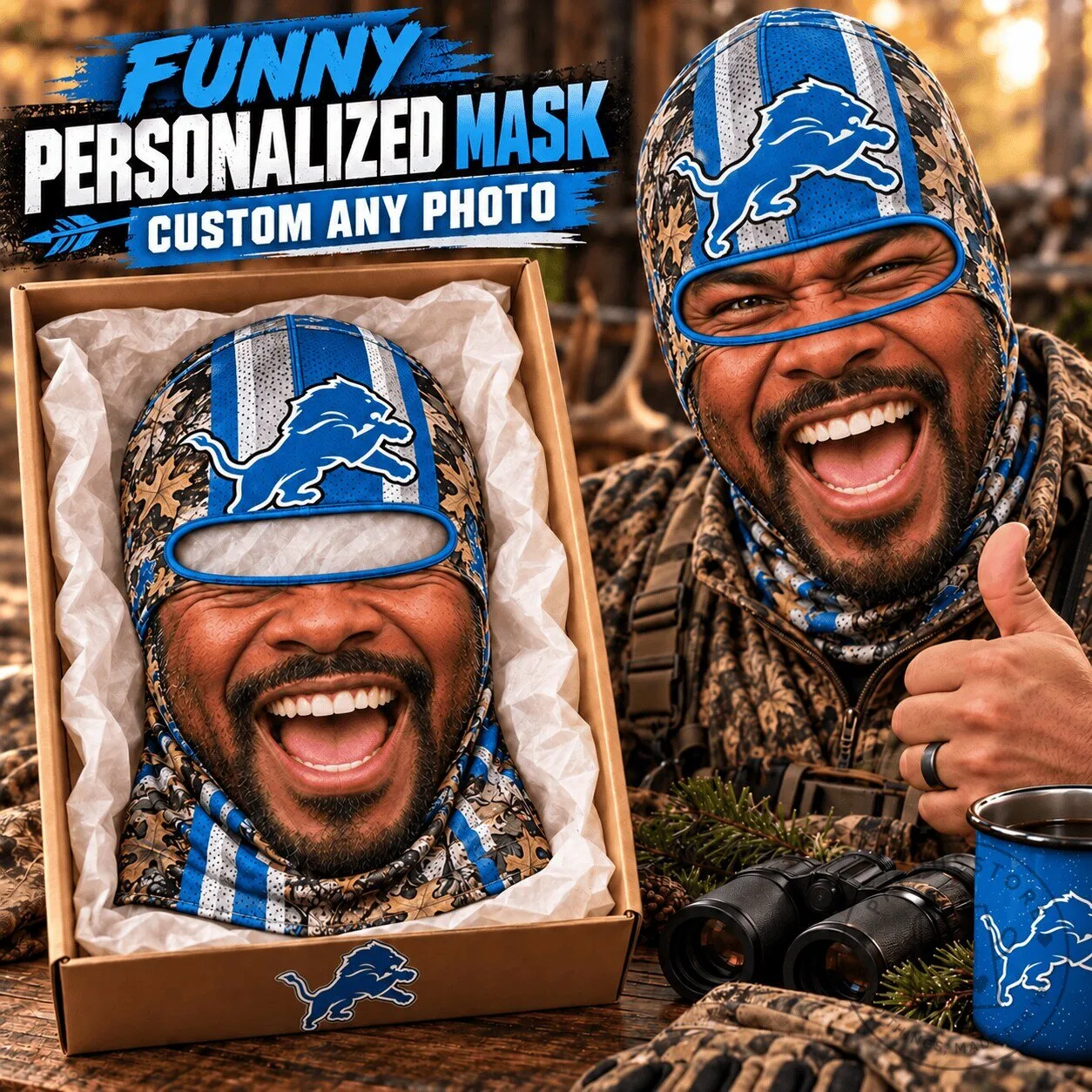 Detroit Lions NFL Fan Personalized Balaclava Custom Photo Hunting Mask