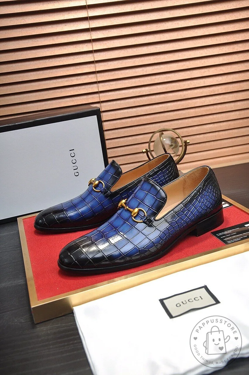 Gucci Blue Alligator Print Horsebit Loafer Shoes