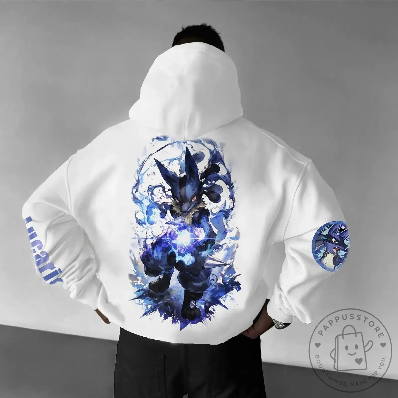 Pokemon Lucario Aura Sphere Graphic Print White Pullover Hoodie