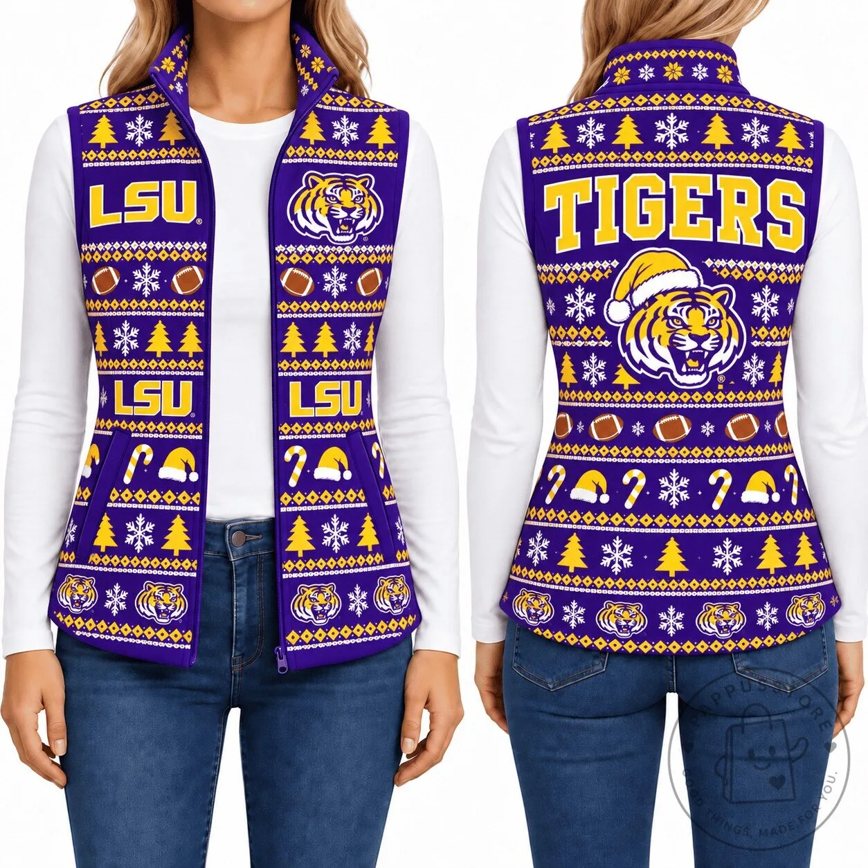 LSU Tigers Christmas Ugly Sweater Style Sleeveless Fleece Jacket Vest