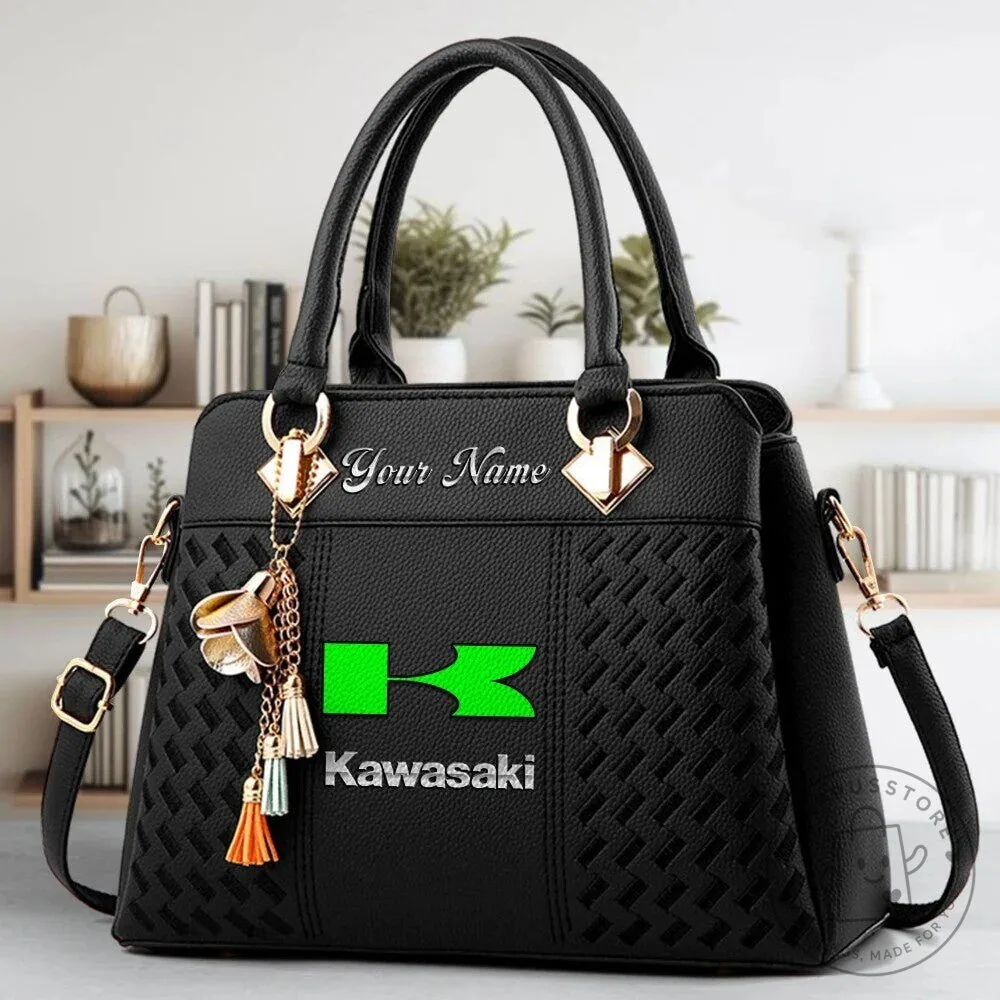 Kawasaki Motorcycle Logo Personalized Name Black Leather Handbag