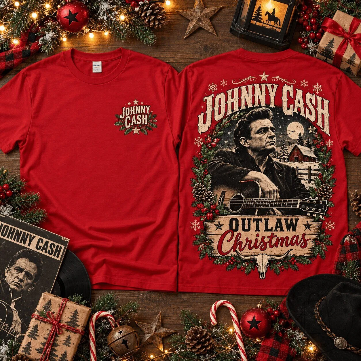 Johnny Cash Outlaw Christmas Music Festival Holiday Graphic T-Shirt