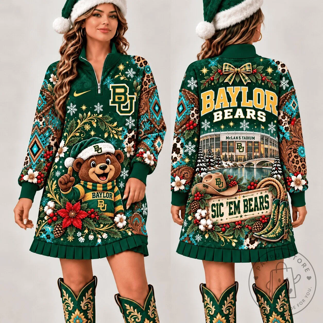 Baylor Bears Christmas Western Boho Quarter-Zip Dress