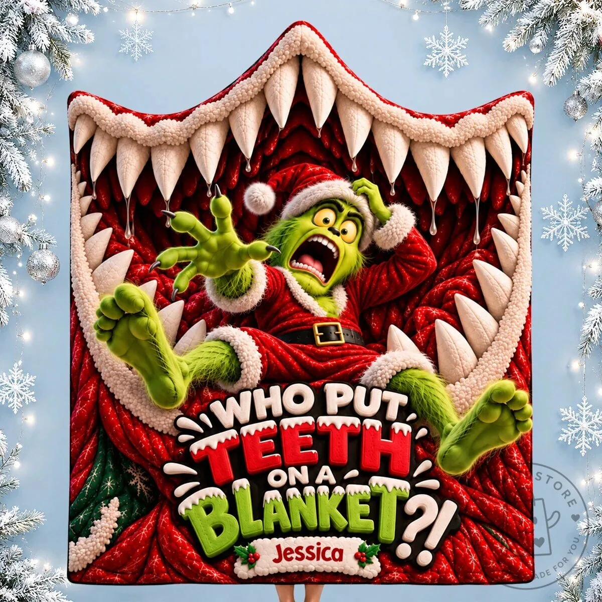 The Grinch Who Put Teeth On A Blanket Christmas Personalized Fleece Blanket