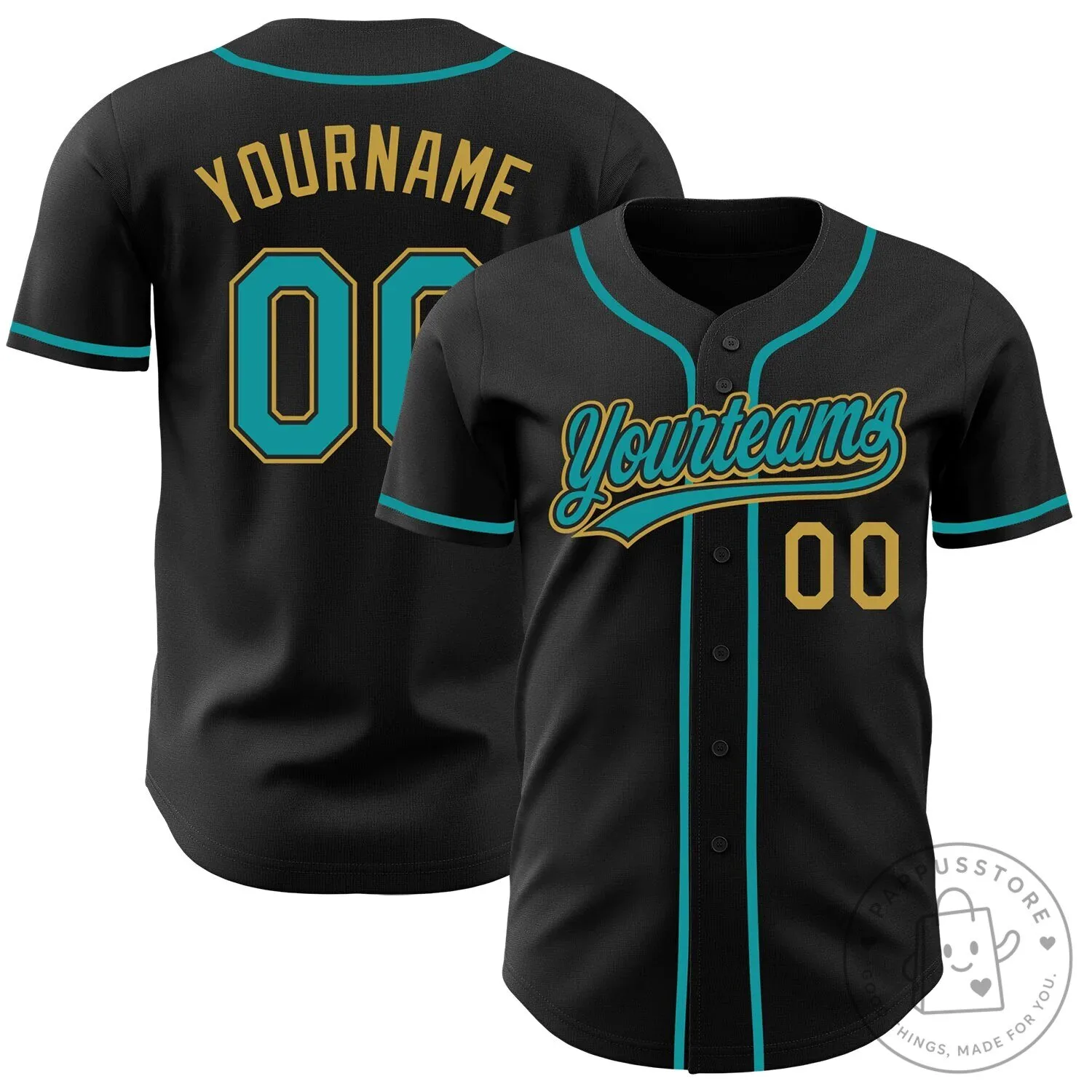 Custom Black Teal Old Gold Authentic Baseball Jersey with Personalized Name and Number