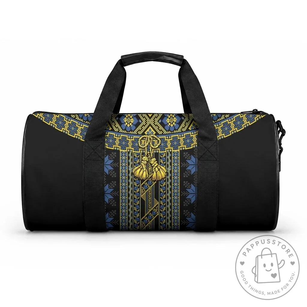 Ukrainian Folk Pattern Black and Yellow Traditional Braided Rope Duffle Bag