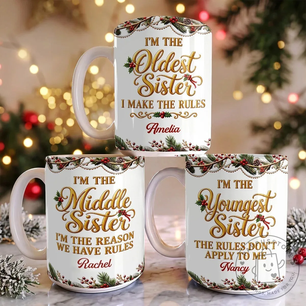 Personalized Oldest Middle Youngest Sister Christmas Rules Ceramic Coffee Mug