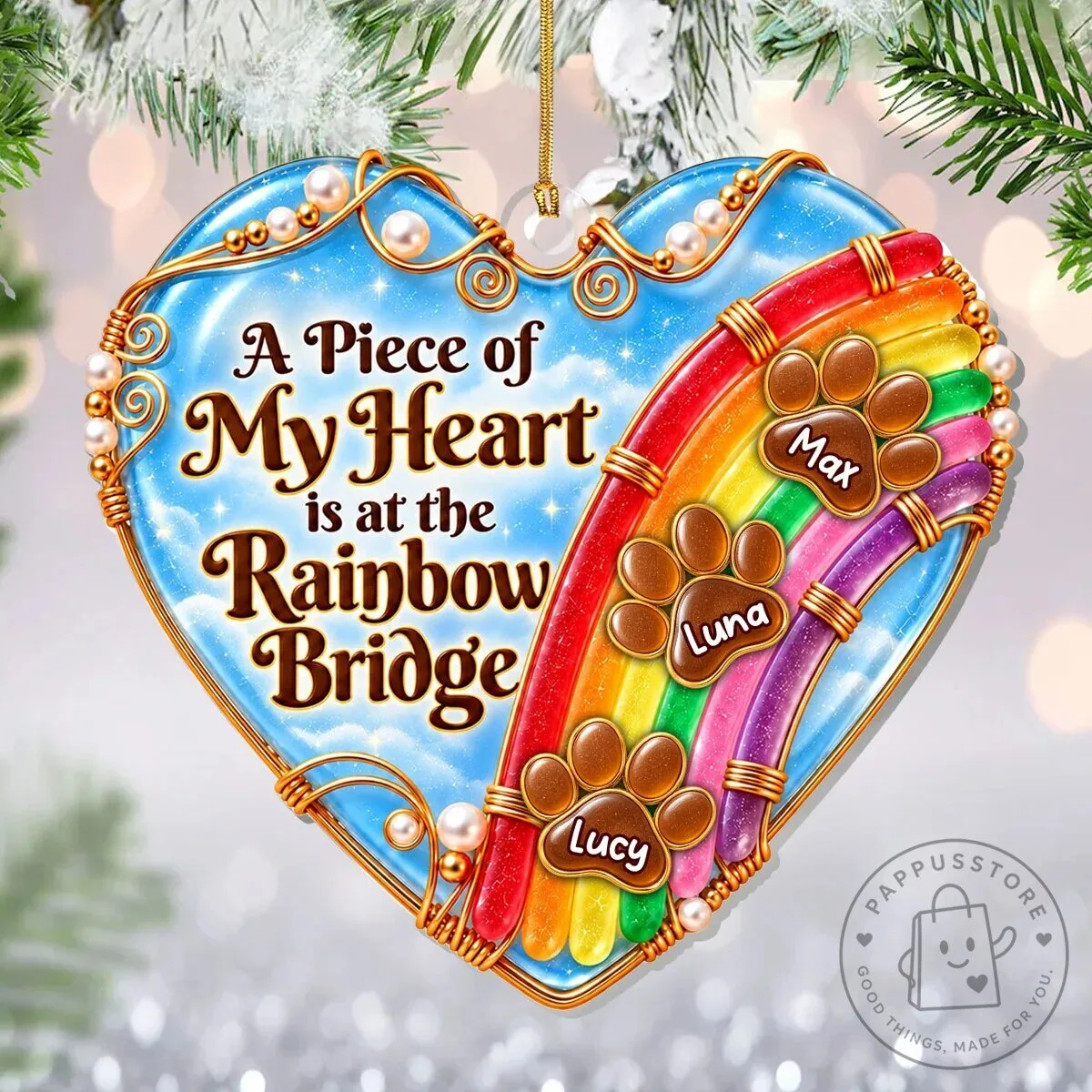 Personalized Pet Memorial Rainbow Bridge Heart Ornament