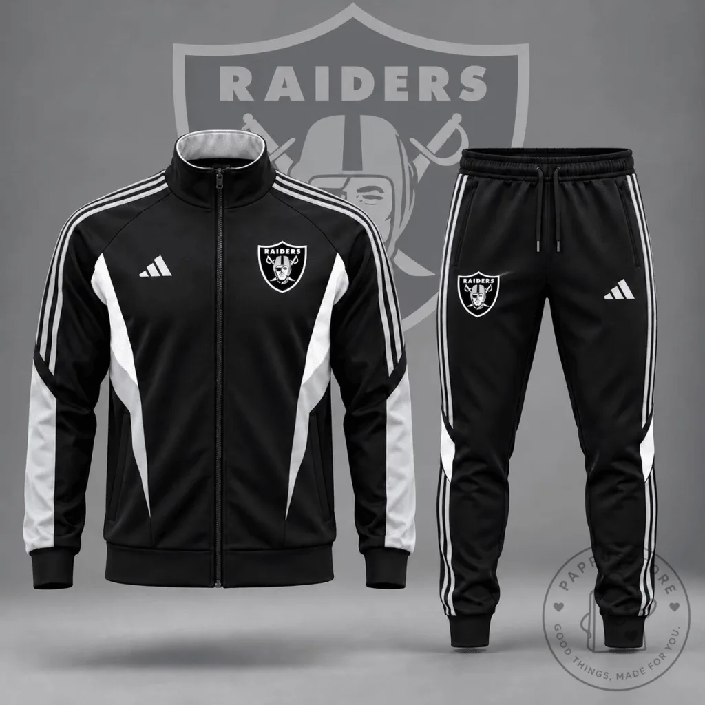 Las Vegas Raiders Black and White Tracksuit Jacket and Pants Set Las Vegas Raiders Black and White Tracksuit Jacket and Pants Set