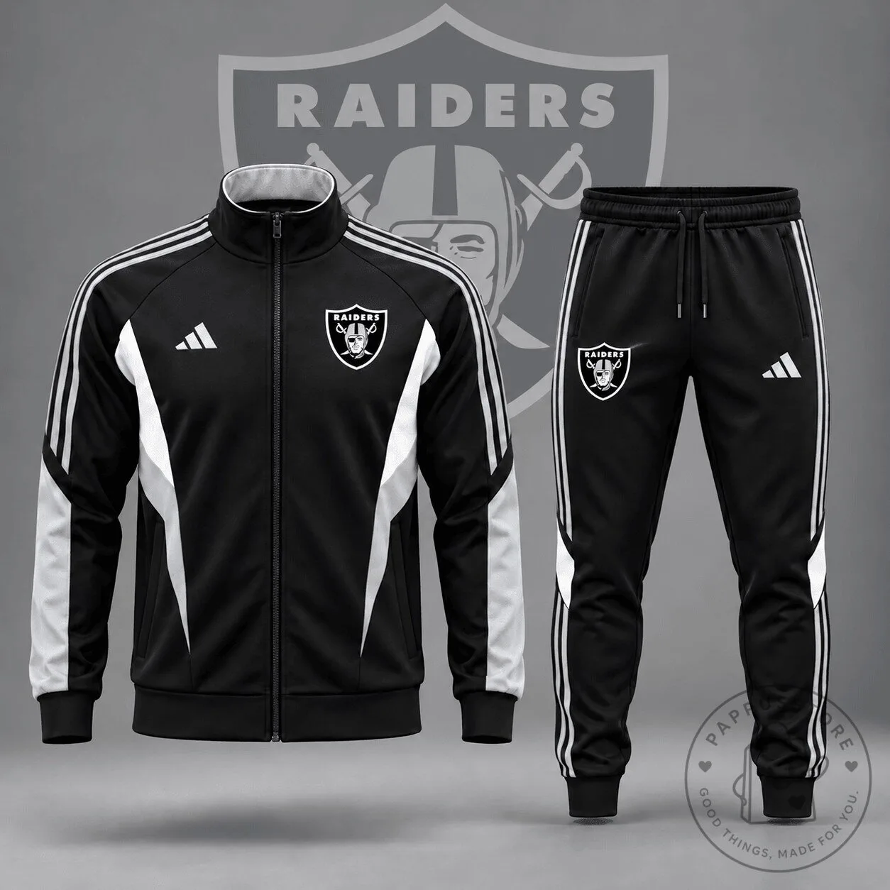 Las Vegas Raiders Black and White Tracksuit Jacket and Pants Set 1 Las Vegas Raiders Black and White Tracksuit Jacket and Pants Set