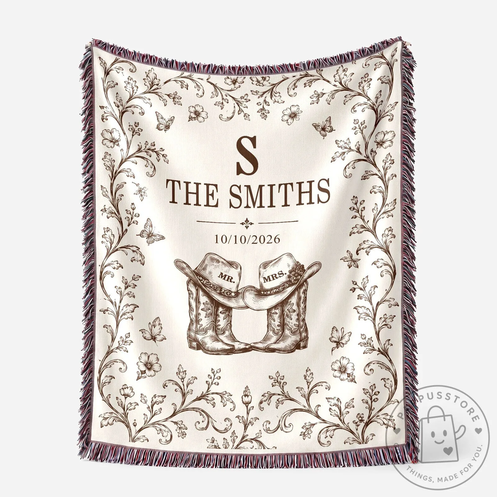 Personalized Mr. and Mrs. Smith Wedding Date Cowboy Boots Woven Blanket