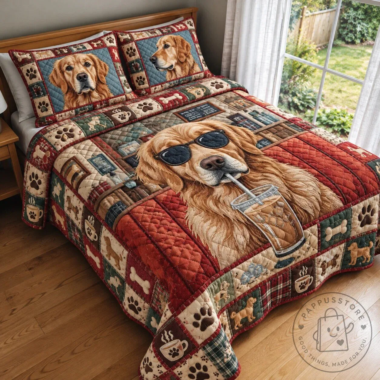 Golden Retriever Dog Drinking Iced Coffee Quilted Bedding Set 7 Golden Retriever Dog Drinking Iced Coffee Quilted Bedding Set