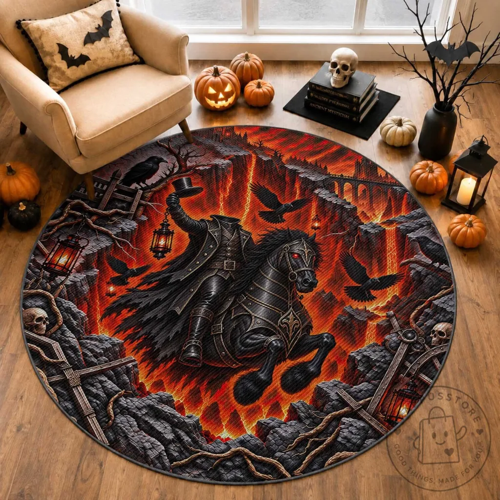 Headless Horseman Haunted Rider 3D Optical Illusion Round Rug Spooky Halloween Headless Horseman Haunted Rider 3D Optical Illusion Round Rug Spooky Halloween