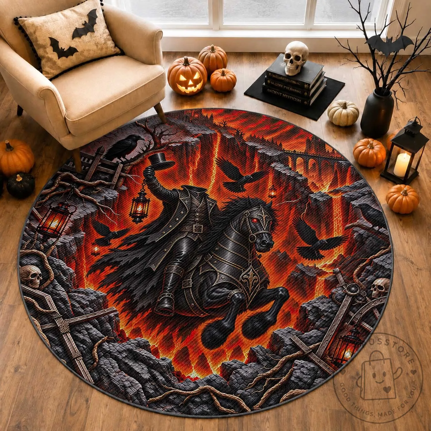 Headless Horseman Haunted Rider 3D Optical Illusion Round Rug Spooky Halloween 3 Headless Horseman Haunted Rider 3D Optical Illusion Round Rug Spooky Halloween