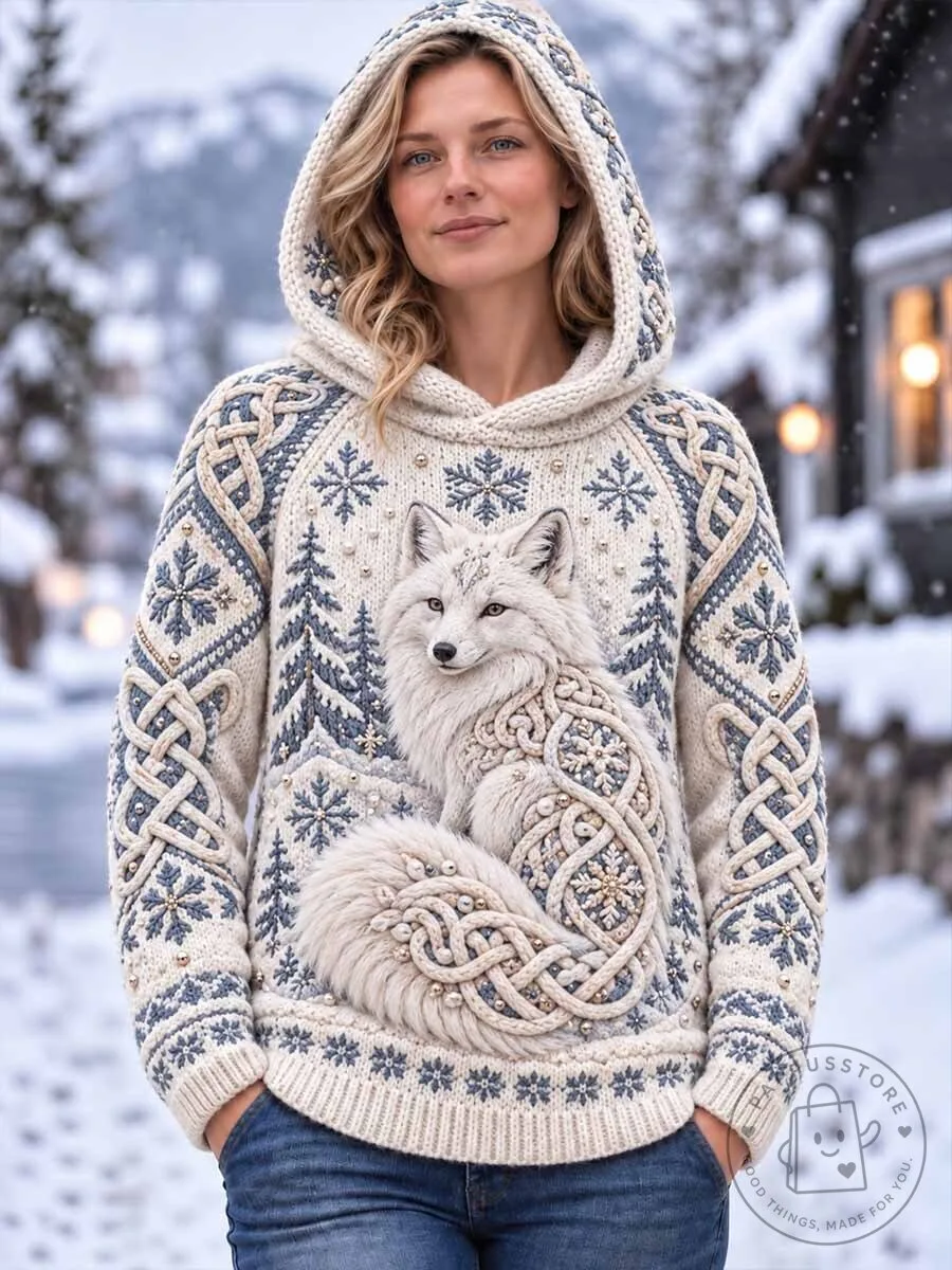 Nordic Fox Pattern Print Winter Knitted Hoodie Sweater for Women 1 Nordic Fox Pattern Print Winter Knitted Hoodie Sweater for Women