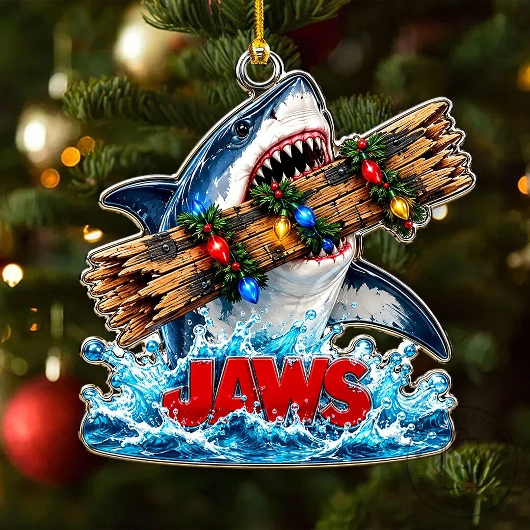 Jaws Shark Christmas Holiday Log Bite Acrylic Ornament
