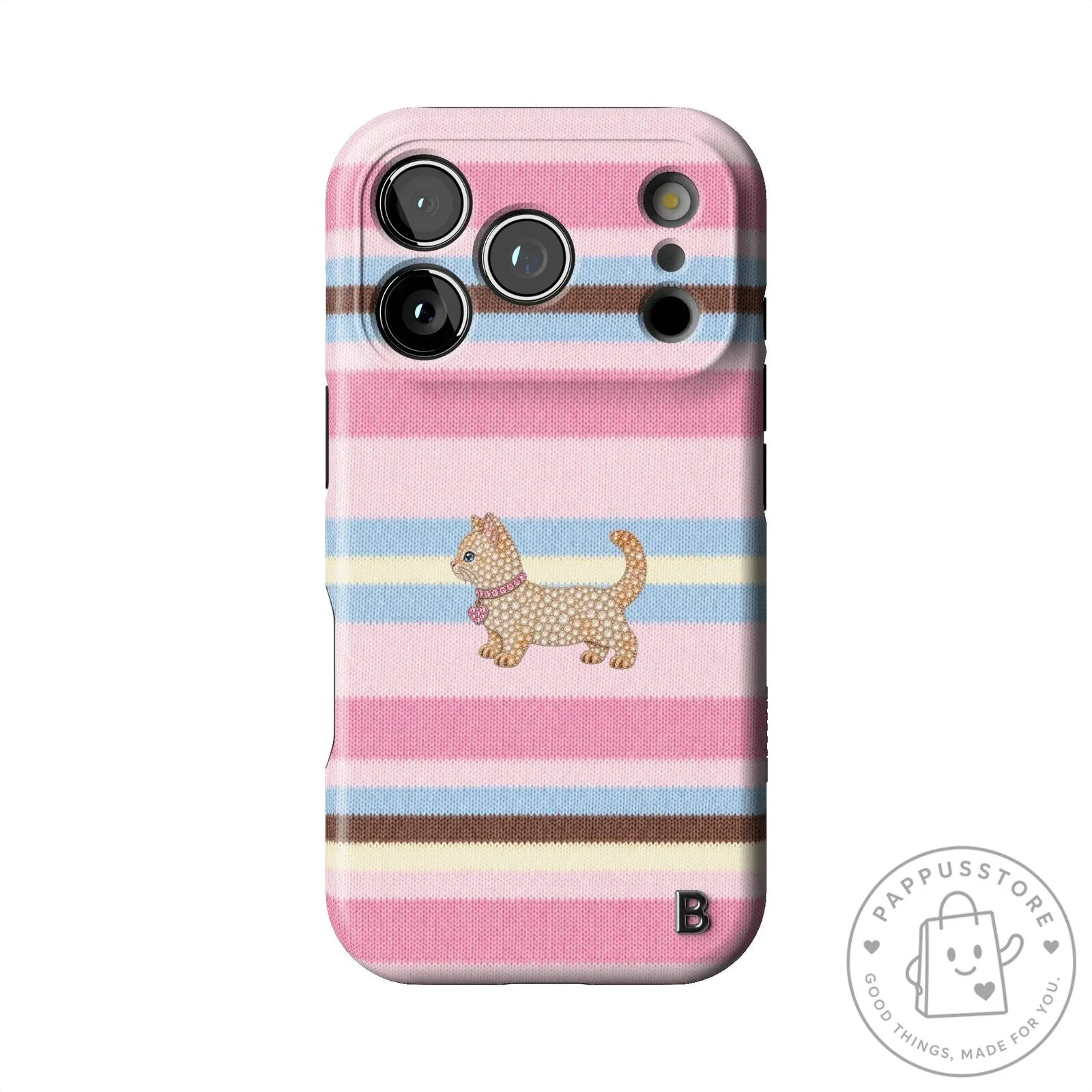 Pink Striped Kitten Design iPhone Case with Bejeweled Cat Graphic