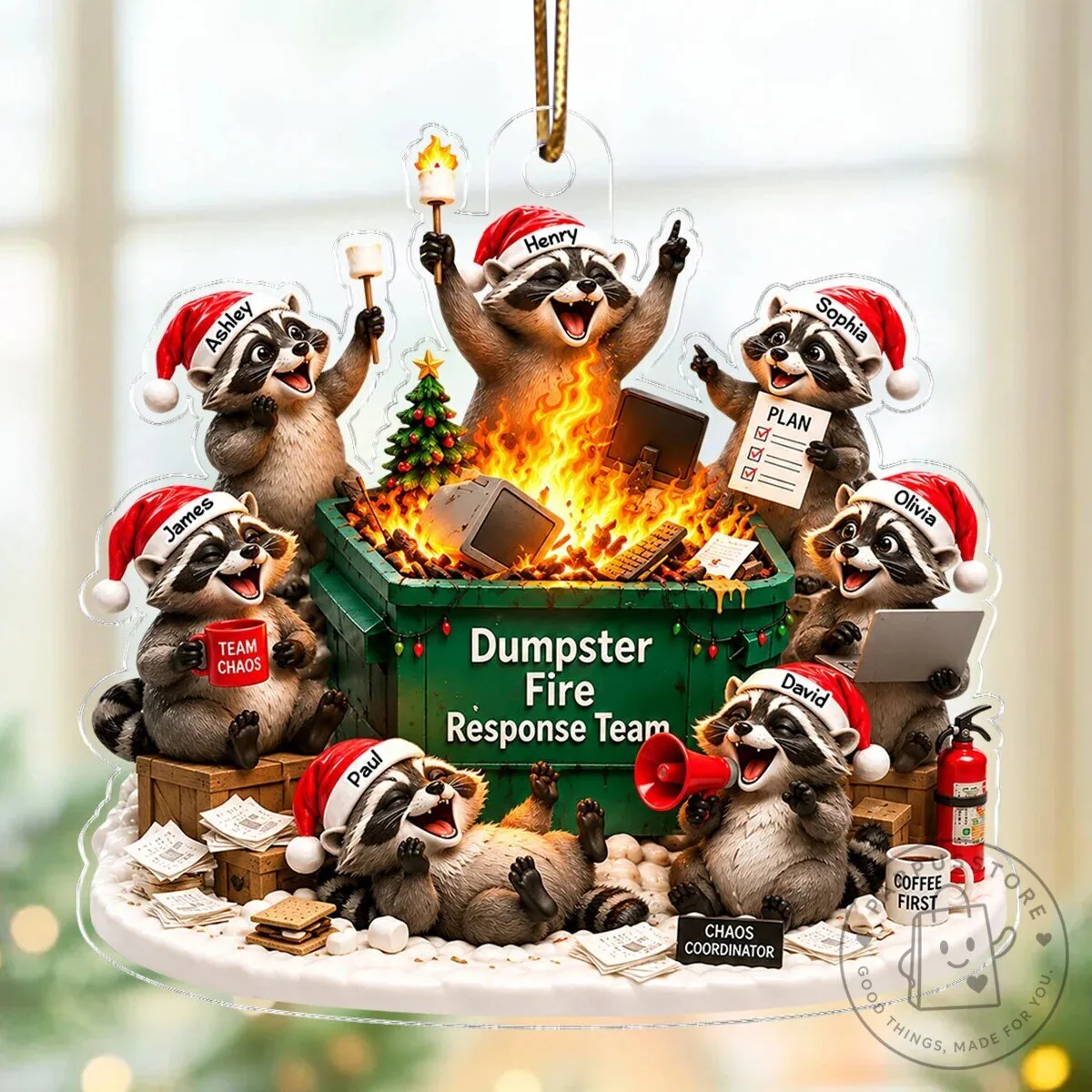 Dumpster Fire Response Team Raccoons Personalized Christmas Acrylic Ornament