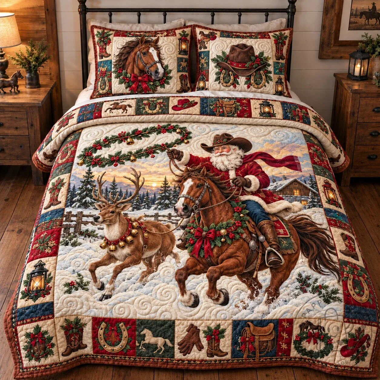 Western Santa Claus Country Christmas Quilted Bedding Set with Horse and Reindeer