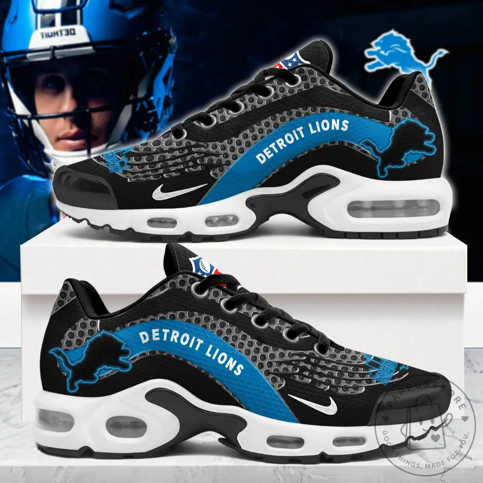 Detroit Lions NFL Team Logo Black and Blue Athletic Shoes