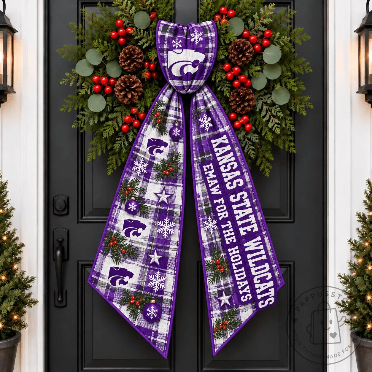 Kansas State Wildcats Christmas Plaid Wreath Sash Holiday Decoration 3 Kansas State Wildcats Christmas Plaid Wreath Sash Holiday Decoration