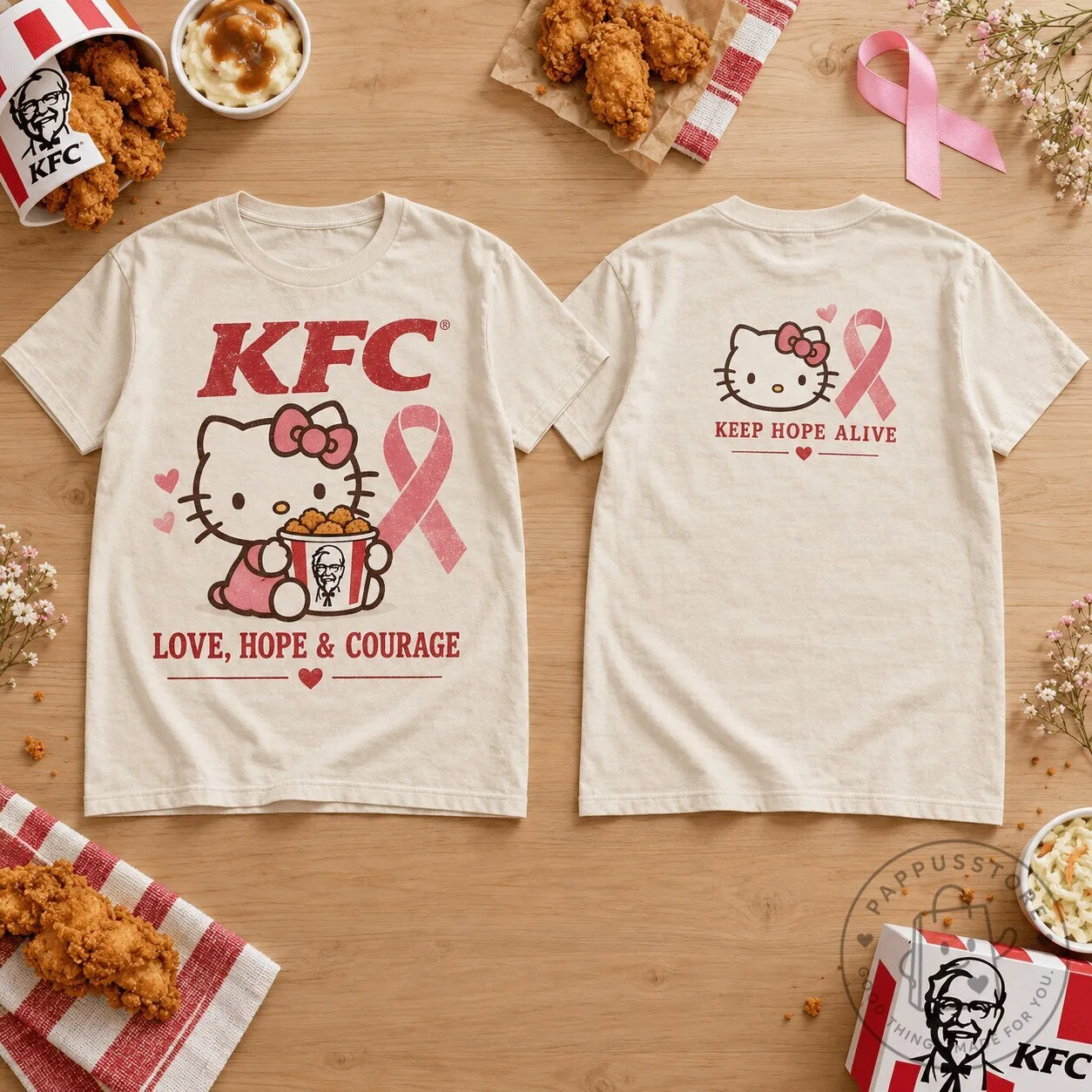 KFC Hello Kitty Love Hope Courage Breast Cancer Awareness T-Shirt 1 KFC Hello Kitty Love Hope Courage Breast Cancer Awareness T-Shirt