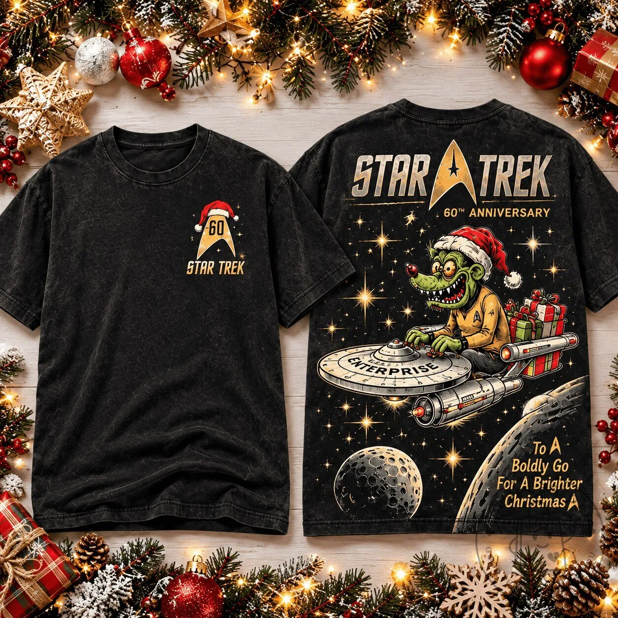 Star Trek 60th Anniversary Rat Fink Christmas Enterprise Holiday T-Shirt