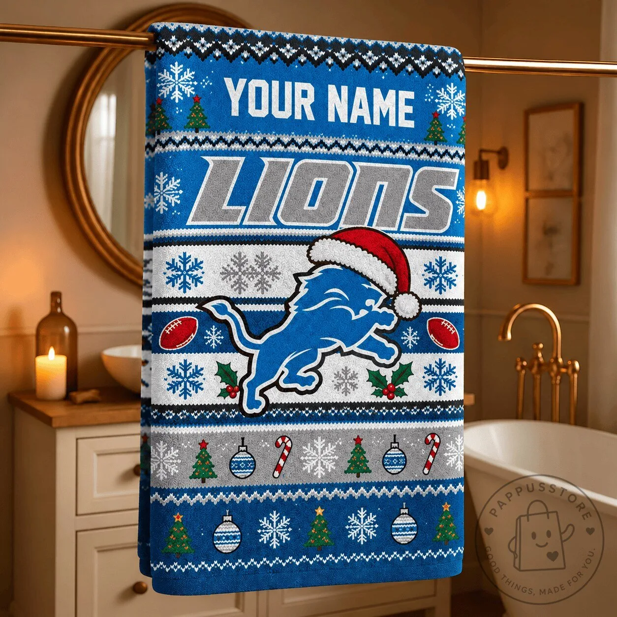 Detroit Lions Christmas Ugly Sweater Style Custom Name Bath Towel